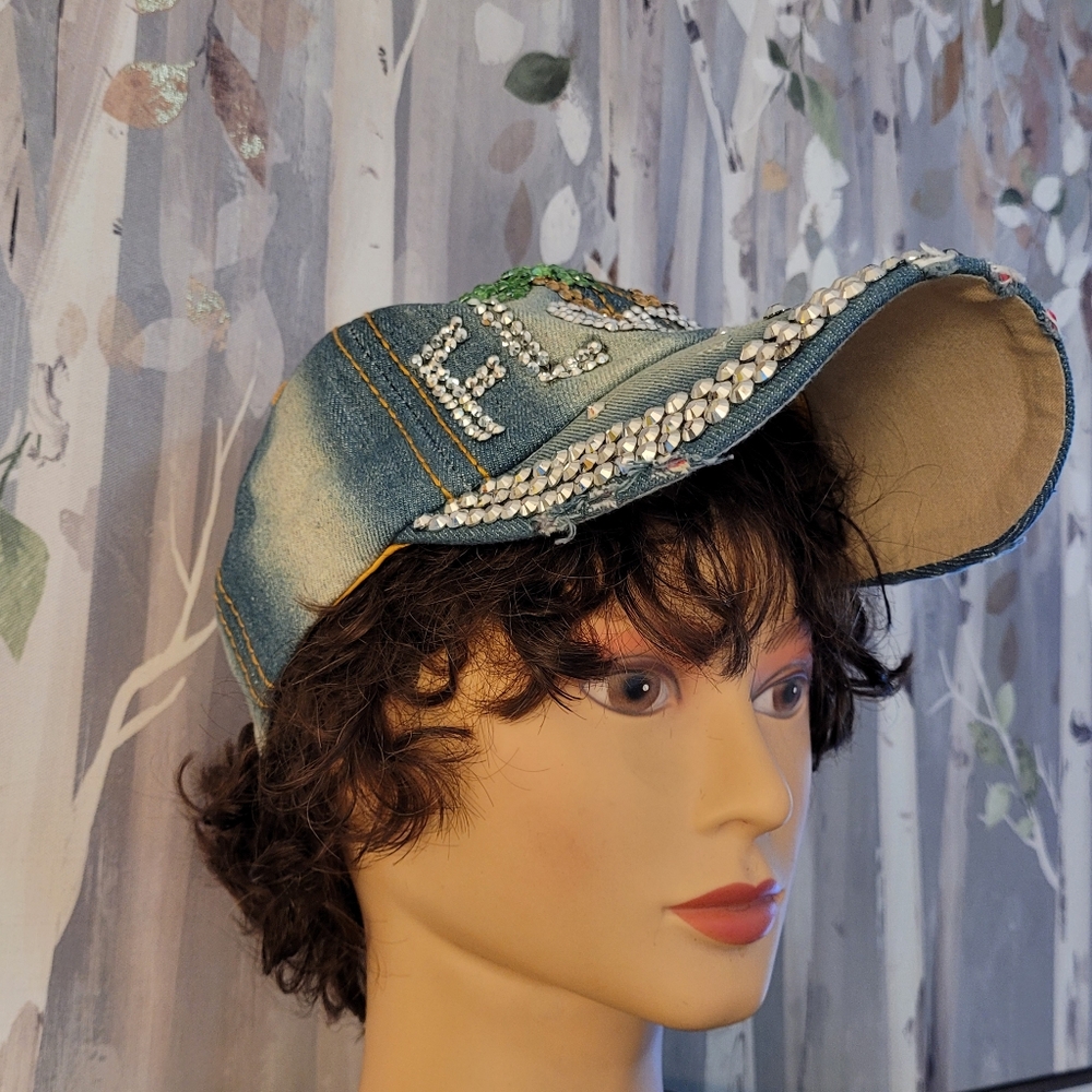 Florida Palm Trees Bedazzled Vintage Look Denim Asjustable Adult Ball Cap - Picture 2 of 13